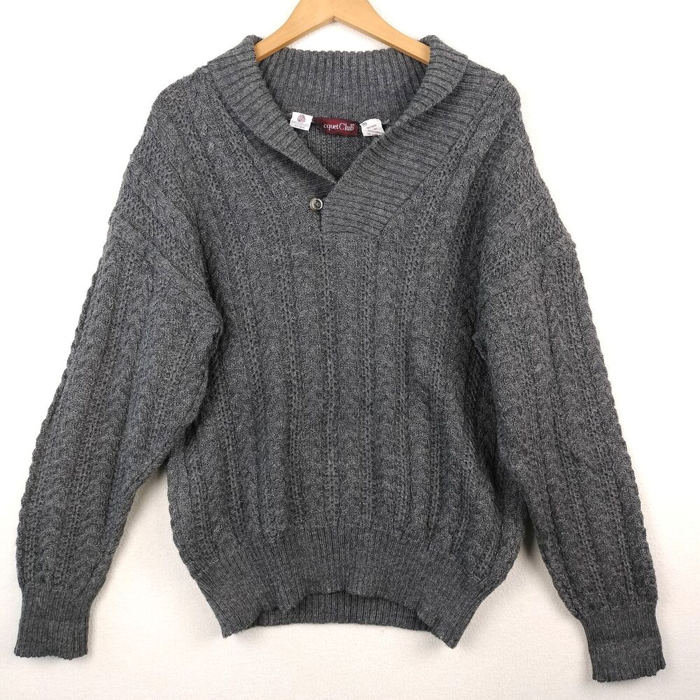 VTG Racquet Club Cable Knit Fisherman Sweater Men M Gray Wool Shawl Collar Chunk